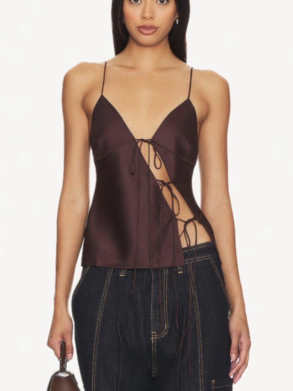 LIONESS Mariah Satin-Feel Asymmetric Cut-Out Tie-Front Cami Top (Garnet Brown) - Picture 3 of 16